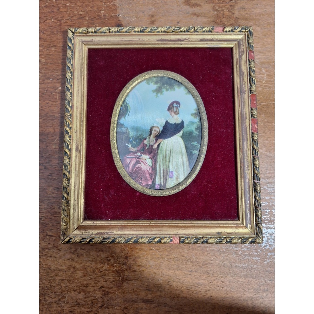 Vintage Ornate Gold Framed Miniature Print Pastoral Scene Burgundy Velvet Mat